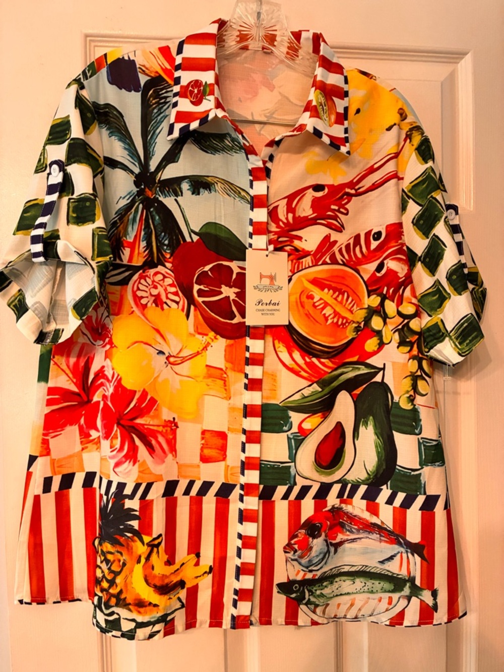 Prebai NWT Vibrant Tropical Button-Up Shirt with Fruit & Fish Print